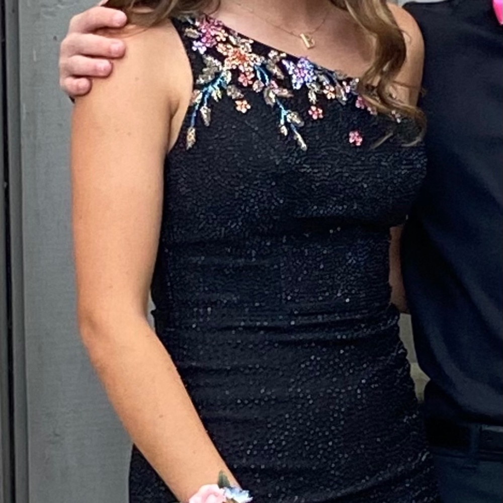 AMARRA - black one shoulder homecoming dress with multicolor floral beading